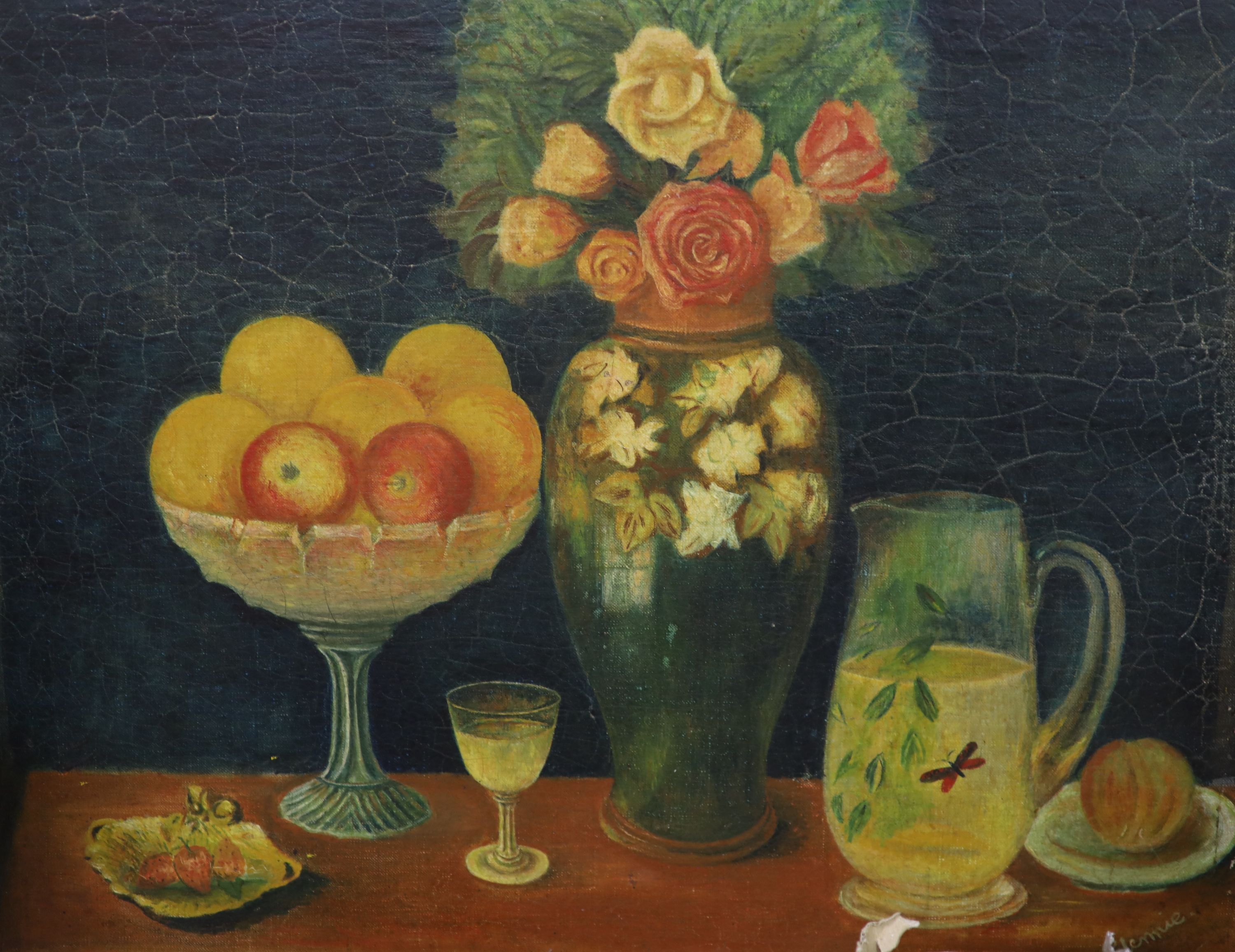 W. Glennie, oil on canvas, Table top still life, signed, 51 x 61cm, unframed